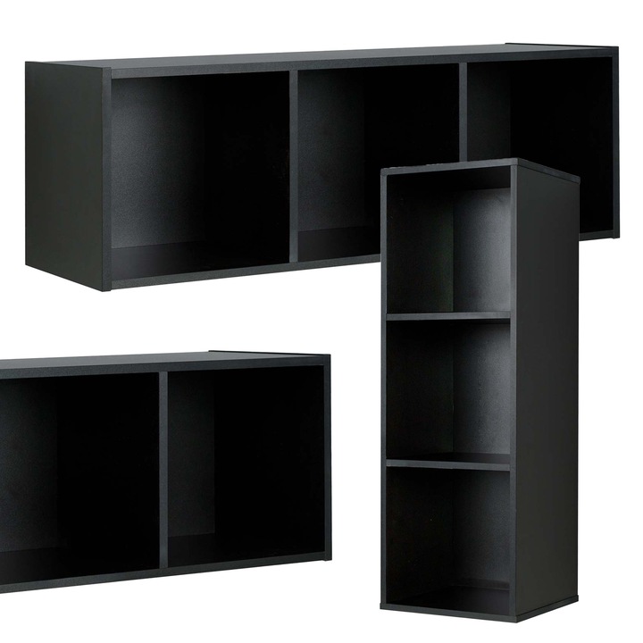 Polc, Cubo modell, Family Meble, Dekoratív és rendszerező, 3 rekeszes, Moduláris, 36.4x105.6x35 cm, Fekete