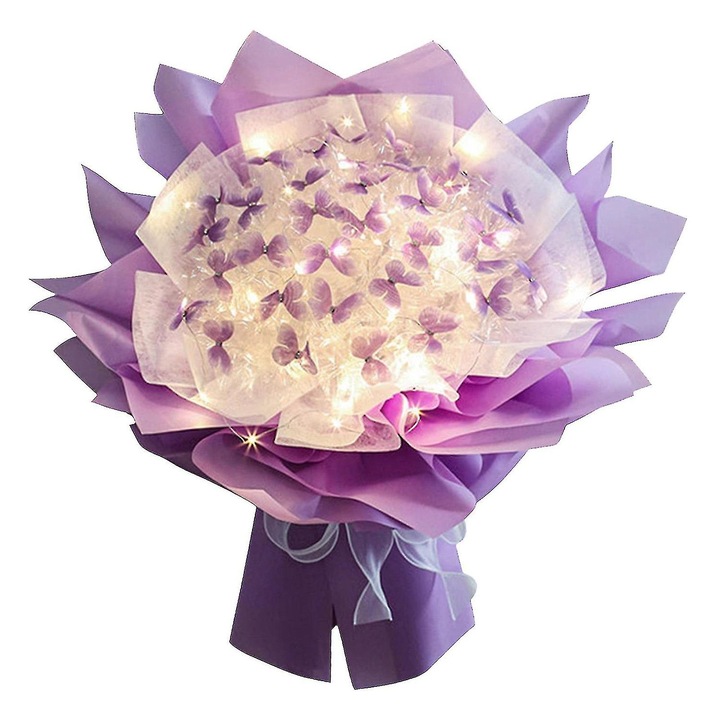 Buchet floral cu fluturi, 33 piese, cu LED