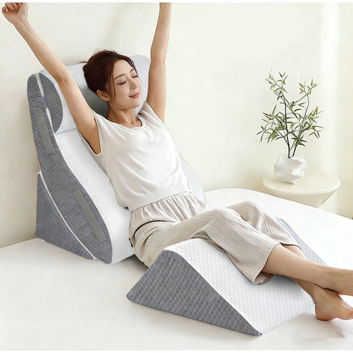 Set 4 Perne Ortopedice Reglabile tip Pat Ortopedic XICENRM®, din Spuma cu Memorie, pentru Somn, Citit, Privit la TV, Recuperare Post-Operatorie si Suport pentru Spate, Gat si Picioare, Husa Detasabila si Lavabila, Alb/Gri Inchis