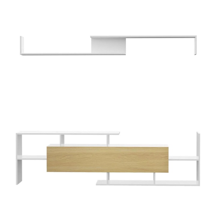 Set mobilier TV, alb natural, suport 153.6x25x42 cm, două rafturi suspendate 150x14.5x16.3 cm