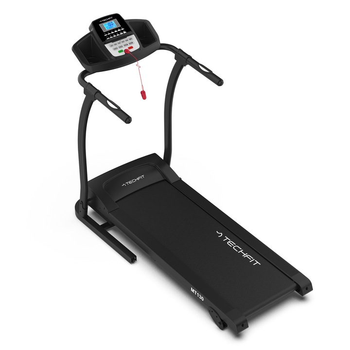 Електрическа бягаща пътека TECHFIT® MT130, Мотор максимална мощност 2 конски сили, 1-12 км/ч, Ръчен наклон 4 нива, Bluetooth ПРИЛОЖЕНИЕ, 12 Програми, LED Дисплей, Потребител 110 кг, за активни хора, възрастни хора, офис, дом
