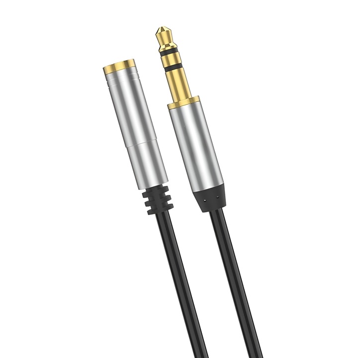 Cablu auxiliar Jack 3.5 mm tata la Jack 3.5 mm mama, Flexibil si Rezistent, 1 Metru, Negru