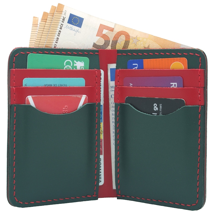 Portofel din piele naturala verde cu rosu – talon auto si buletin