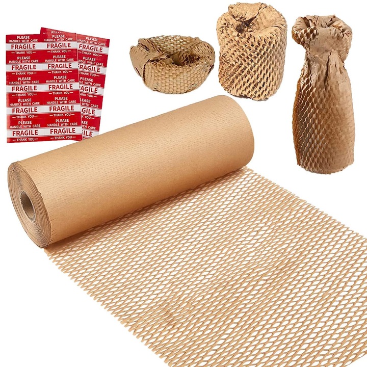 Хартия за опаковане на подаръци, Axroad Mall, Опаковъчна хартия тип пчелна пита, Със самозалепващи се крехки етикети, Биоразградима, Екологична, Супер еластична, Разтеглива и спестяваща място, 80g/cm, 30 cm x 30 m, За опаковане на чупливи предмети, Кафява