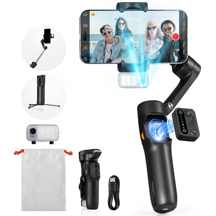Stabilizator Gimbal hohem iSteady V3 pentru iPhone, Gimbal pentru telefon pe 3 axe, Tracker magnetic AI, Tija si trepied extensibile incorporate, Telecomanda detasabila, Stabilizator pentru Negru