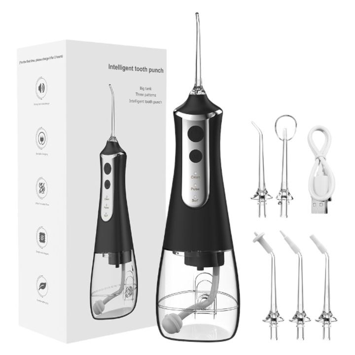 Професионален преносим орален иригатор за орален душ GermaNova™, налягане 45-130PSI, Дентален, Капацитет 300мл, 3 режима на почистване, Въртене на 360°, LED дисплей, Водоустойчив IPX7, Защита от прегряване, Черен