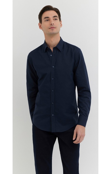 Camasa pentru barbati, WOLCZANKA, bumbac/in, guler cu nasture ascuns, bleumarin