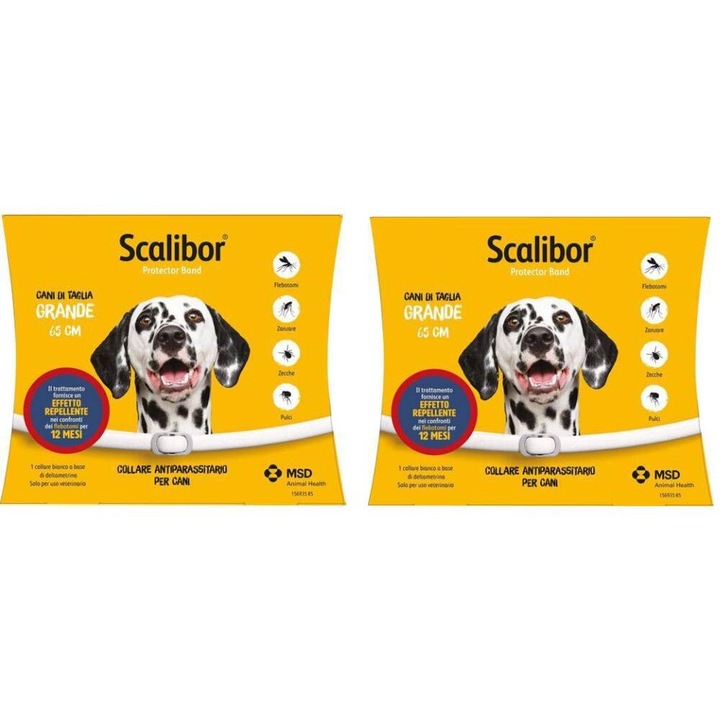 Colier antiparazitar pentru caini, Scalibor, set de 4, protectie impotriva puricilor si capuselor, ajustabil, 65 cm, rezistent la apa