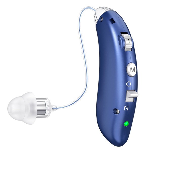 Aparat auditiv in-ear, ajustabil, 128dB, 48h autonomie, set cu adaptoare din silicon, albastru
