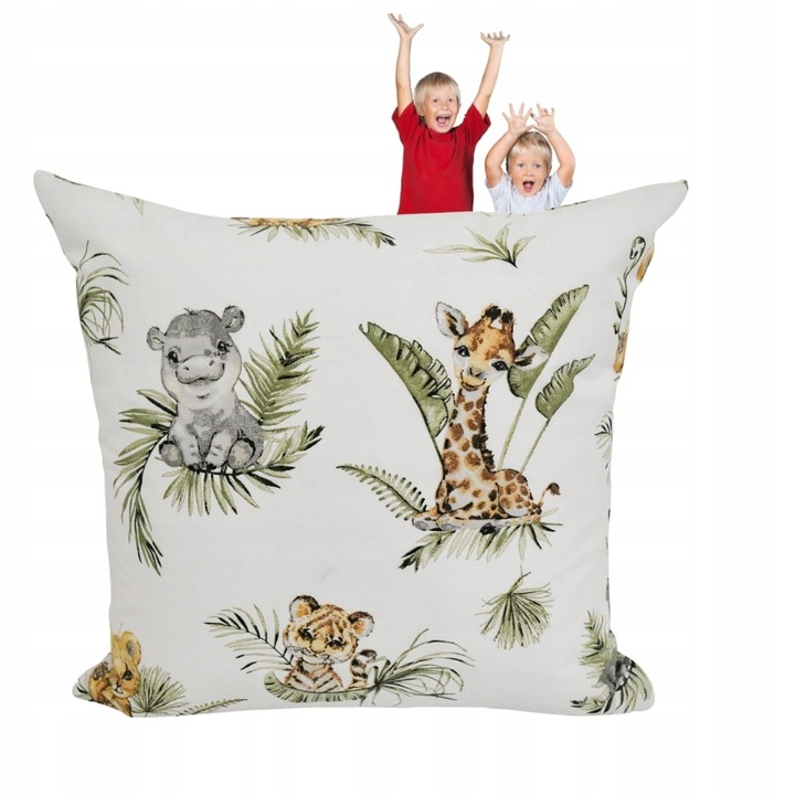 Fata de perna, Copii, 40x40 cm, Inchidere cu fermoar, Hipoalergenic, Bumbac, Model jungle, Alb cu model colorat