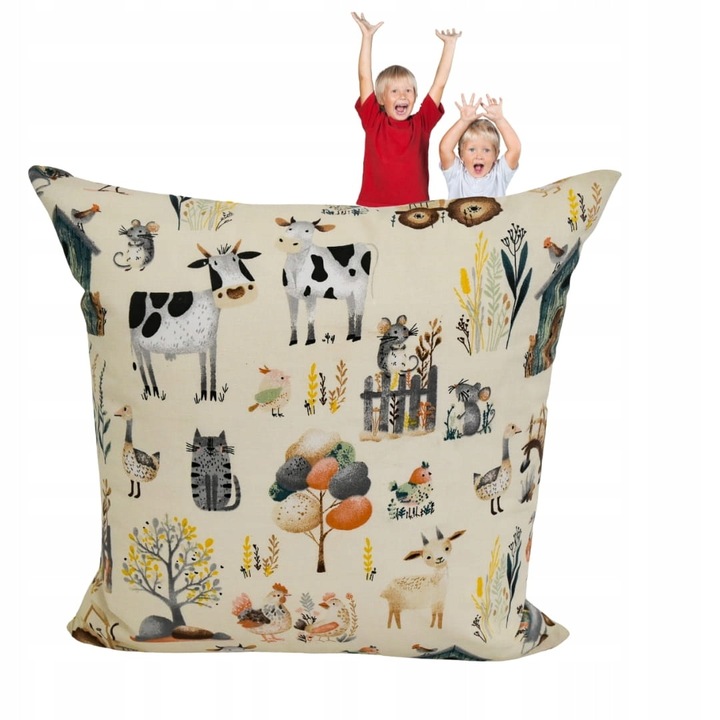 Párnahuzat, Gyermek, 40x40 cm, Cipzáras záródás, Hipoallergén, Pamut, Farm minta, Bézs