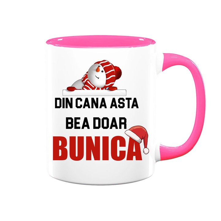 Cana personalizata pentru Bunica cu mesaj:"Din cana asta bea doar bunica", Betaprint, model craciun, alba cu interior roz, 330ml