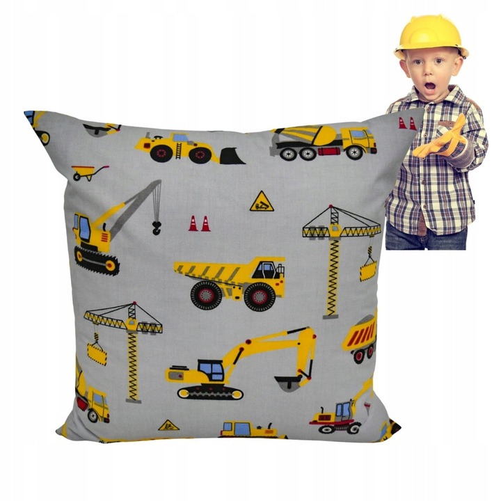 Fata de perna, Copii, 40x40 cm, Inchidere cu fermoar, Hipoalergenic, Bumbac, Model de constructie, Gri | Alb