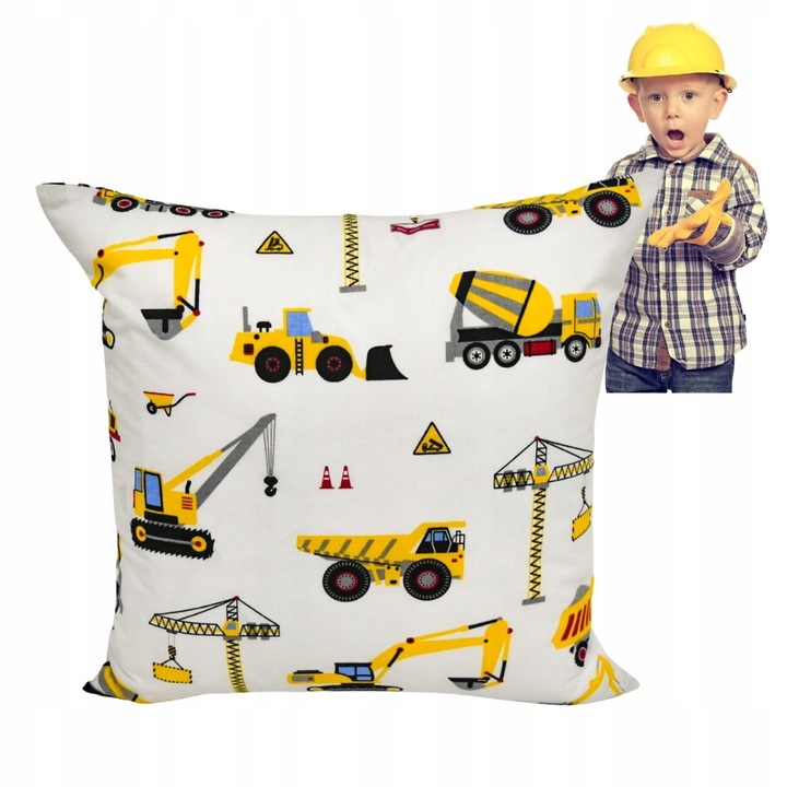 Fata de perna, Copii, 40x40 cm, Inchidere cu fermoar, Hipoalergenic, Bumbac, Model de constructie, Alb cu model colorat