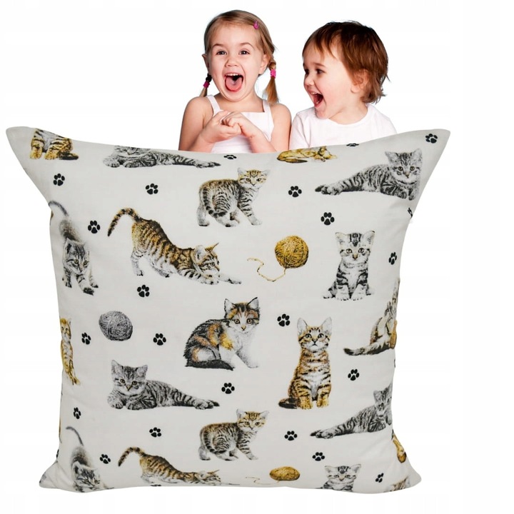 Párnahuzat, Gyerek, 40x40 cm, Cipzáras záródás, Hipoallergén, Pamut, Macska mintás, Fehér, Világoskék, Szürke
