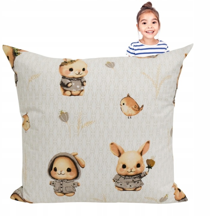 Fata de perna, Copii, 40x40 cm, Inchidere cu fermoar, Hipoalergenic, Bumbac, Model iepure, Alb, Gri