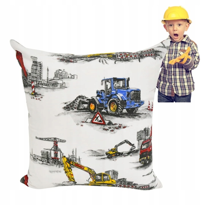 Fata de perna, Copii, 40x40 cm, Inchidere cu fermoar, Hipoalergenic, Bumbac, Model excavator, Alb cu model colorat