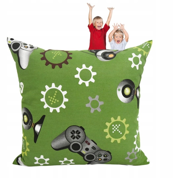 Fata de perna, Copii, 40x40 cm, Inchidere cu fermoar, Hipoalergenic, Bumbac, Model Gamepad, Verde