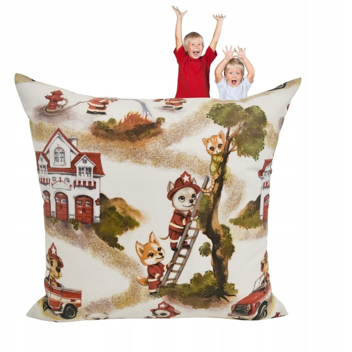 Fata de perna, Copii, 40x40 cm, Inchidere cu fermoar, Hipoalergenic, Bumbac, Model pompieri, Bej
