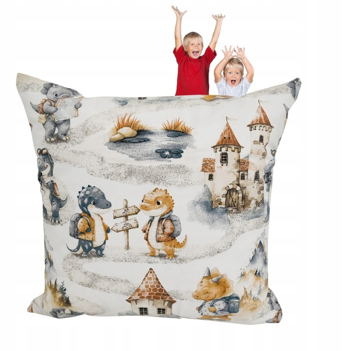 Fata de perna, Copii, 40x40 cm, Inchidere cu fermoar, Hipoalergenic, Bumbac, Model dragoni, Alb, Gri