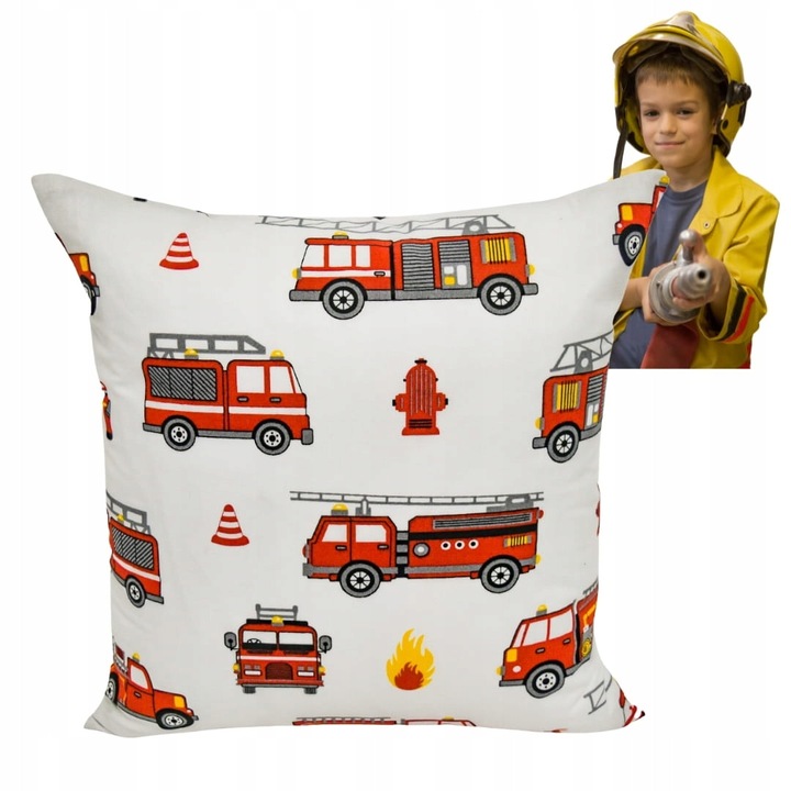 Fata de perna, Copii, 40x40 cm, Inchidere cu fermoar, Hipoalergenic, Bumbac, Model pompieri, Rosu, Alb
