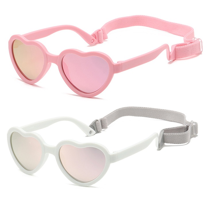 Set 2 ochelari de soare copii, Axroad Mall, lentile polarizate, design in forma de inima, roz/alb, 11x4x10.7cm