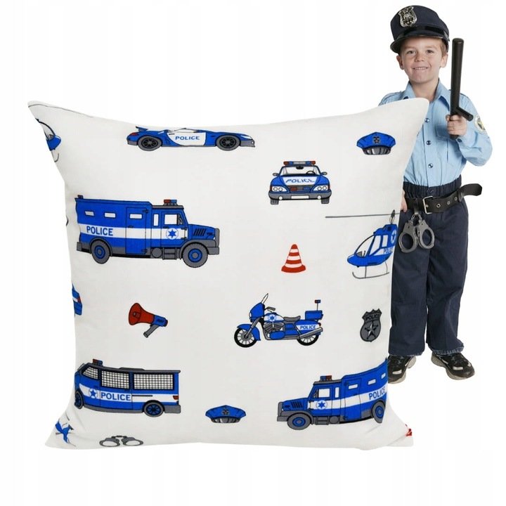 Fata de perna, Copii, 40x40 cm, Inchidere cu fermoar, Hipoalergenic, Bumbac, Model politist, Albastru