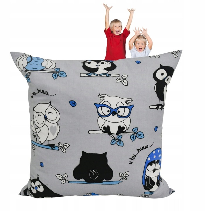 Fata de perna, Copii, 40x40 cm, Inchidere cu fermoar, Hipoalergenic, Bumbac, Model bufnita, Gri