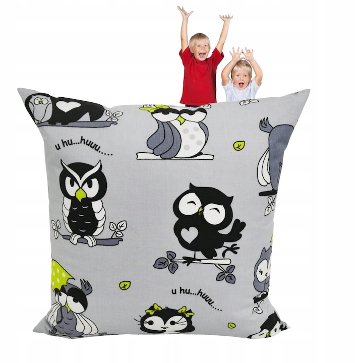 Fata de perna, Copii, 40x40 cm, Inchidere cu fermoar, Hipoalergenic, Bumbac, Model bufnita, Gri deschis