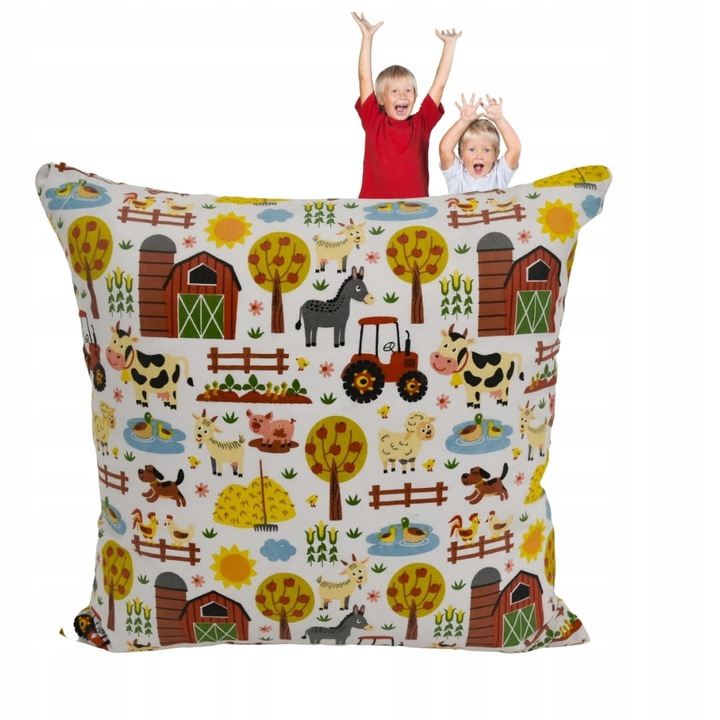 Fata de perna, Copii, 40x40 cm, Inchidere cu fermoar, Hipoalergenic, Bumbac, Model Ranch, Multicolor