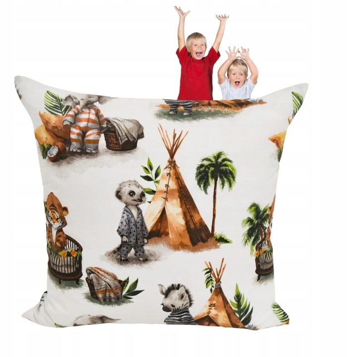 Fata de perna, Copii, 40x40 cm, Inchidere cu fermoar, Hipoalergenic, Bumbac, Model cort, Alb cu model colorat