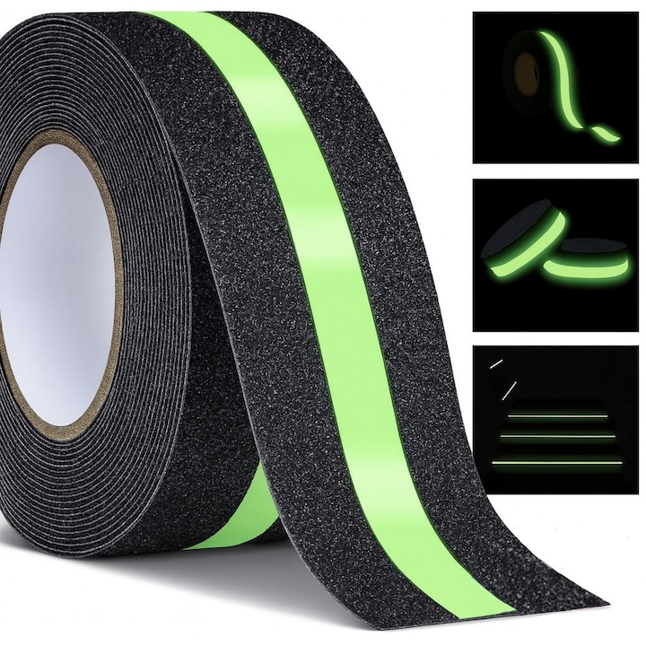 Banda antiderapanta fosforescenta 5cm x 5m – Banda adeziva pentru scari, podele, rampe, coridoare, garaje si depozite, vizibila pe timp de noapte, pentru siguranta si protectie