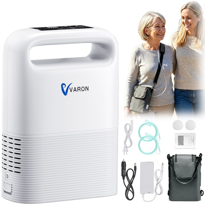 Concentrator de oxigen portabil Varon, Alimentare cu oxigen pulsat, Concentratie fixa ​​de oxigen 93%, Debit de oxigen reglabil 1-6 niveluri,2,2 kg, Alb