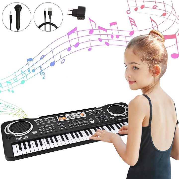 Orga electronica pentru Copii, cu microfon si functie de inregistrare, 6 melodii demo, 61 clape, 54 x 17 cm