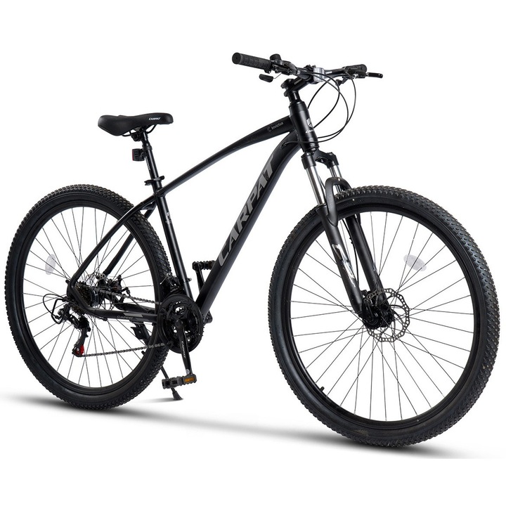 MTB Kerékpár 29"-os kerekekkel, Blokkolható villával, Shimano szekvenciális váltókarokkal, Shimano felszereltséggel, Tárcsafékekkel, 21 sebességes, fekete-szürke, Carpat Invictus Mountain Bike alumínium vázzal és integrált kábelekkel, 2025-ös modell