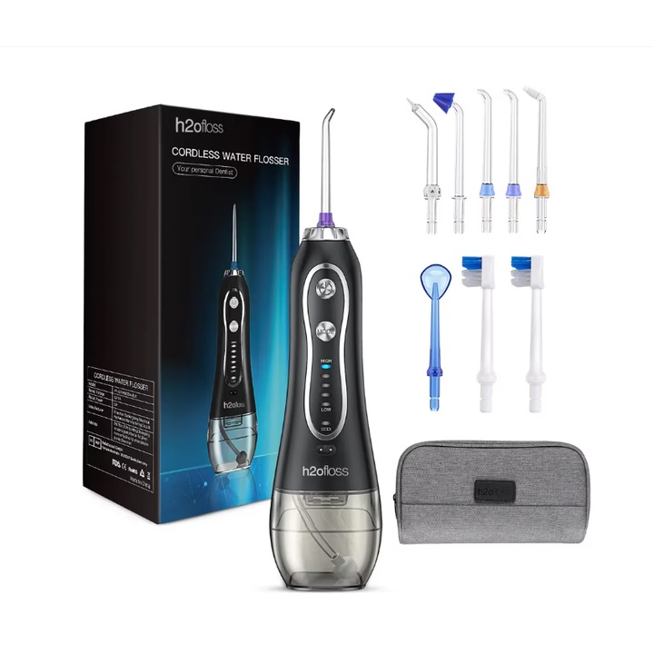 Преносим иригатор за уста GermaNova™ със 100% водоустойчив дизайн, 5 режима на употреба, Включени различни накрайници, Премахва зъбен камък, Идеален за пътувания, но и за дома, Черен