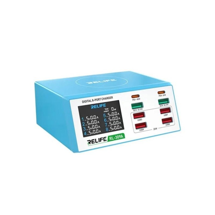 Incarcator Statie Relife RL-309A 100W 4.5A 2 x USB-C - 6 x USB-A Albastru