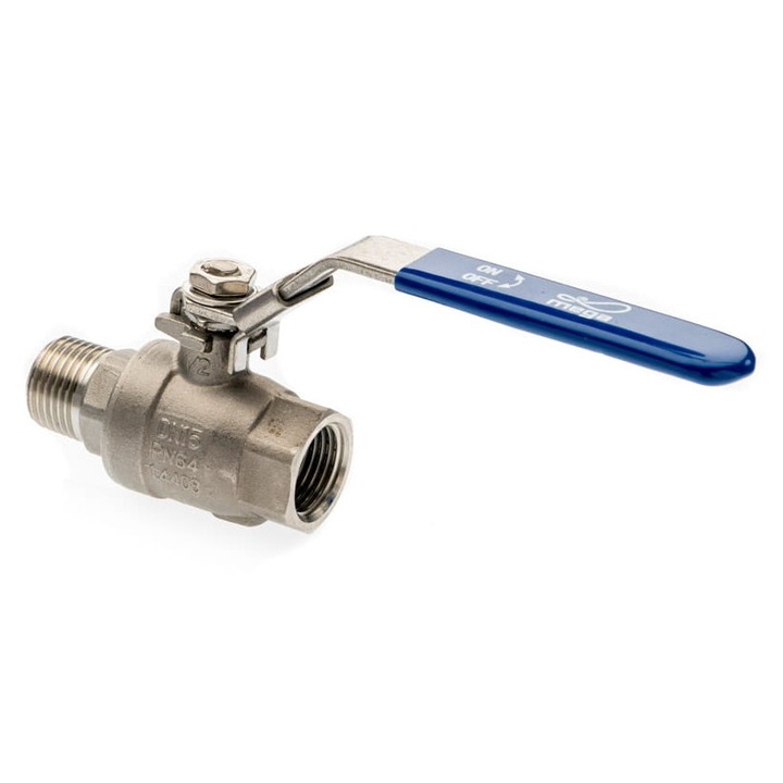 Сферичен кран 1/2'' Мега, неръждаема стомана 316, налягане 50 бара, резба BSP, синя дръжка