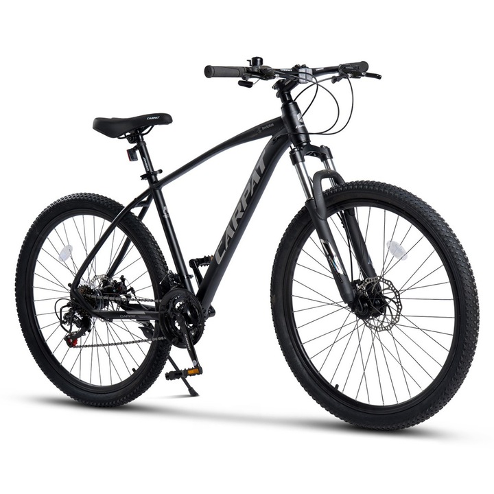 Планински велосипед MTB Carpat Invictus JSX27357, алуминиева рамка с интегрирани кабели, оборудване Shimano, регулируема вилка със заключване, 27.5-инчови колела, предни/задни дискови спирачки, 21 скорости, черно със сиво