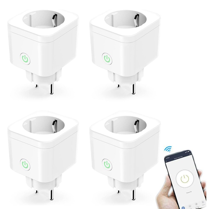 Комплект от 4 интелигентни WiFi контакта, мобилно приложение SmartLife, 16A, 90-250V, Програма за захранване, Мониторинг на консумацията, Гласов контрол, съвместими с Amazon Alexa/Google Home, Бял