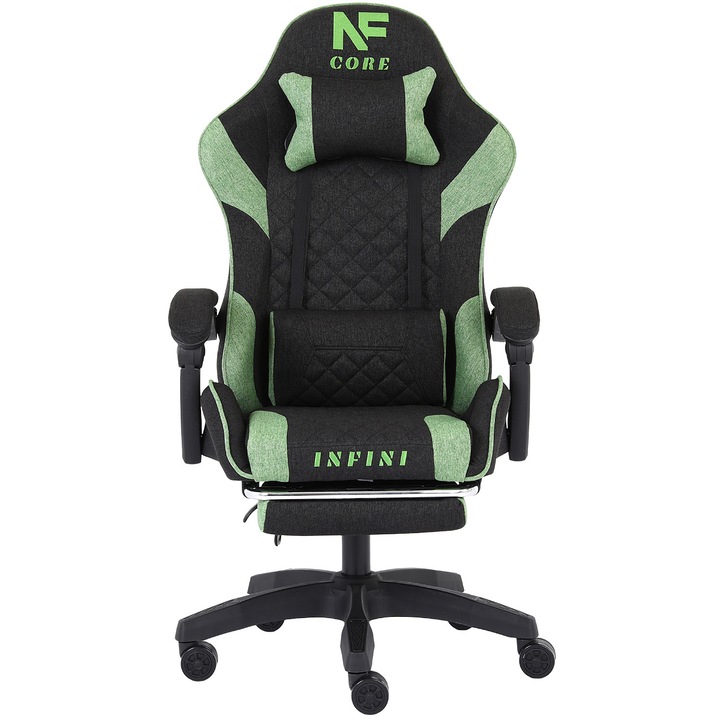 Гейминг стол с поставка за крака INFINI Core Green, текстил