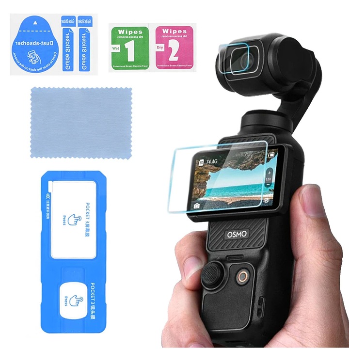 Folie de protectie din sticla securizata 9H pentru DJI Osmo Pocket 3, set cu rama de montaj, rezistenta la zgarieturi, transparenta