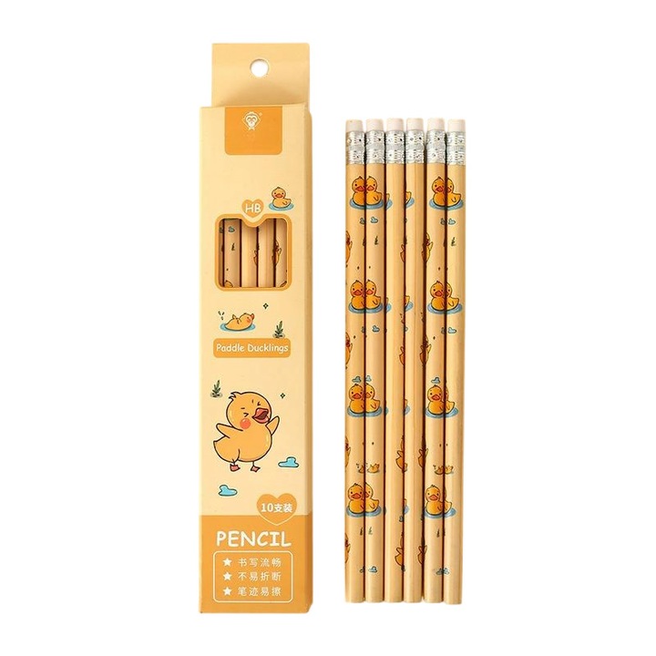 Set de creioane HB cu desene animate, 10 bucati, 17cm, galben