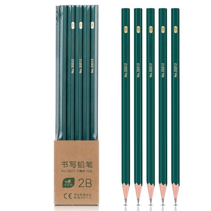 Creioane de scris hexagonale, 2B, set de 10 bucati, material lemnos, grafit de calitate, pentru scoala si birou