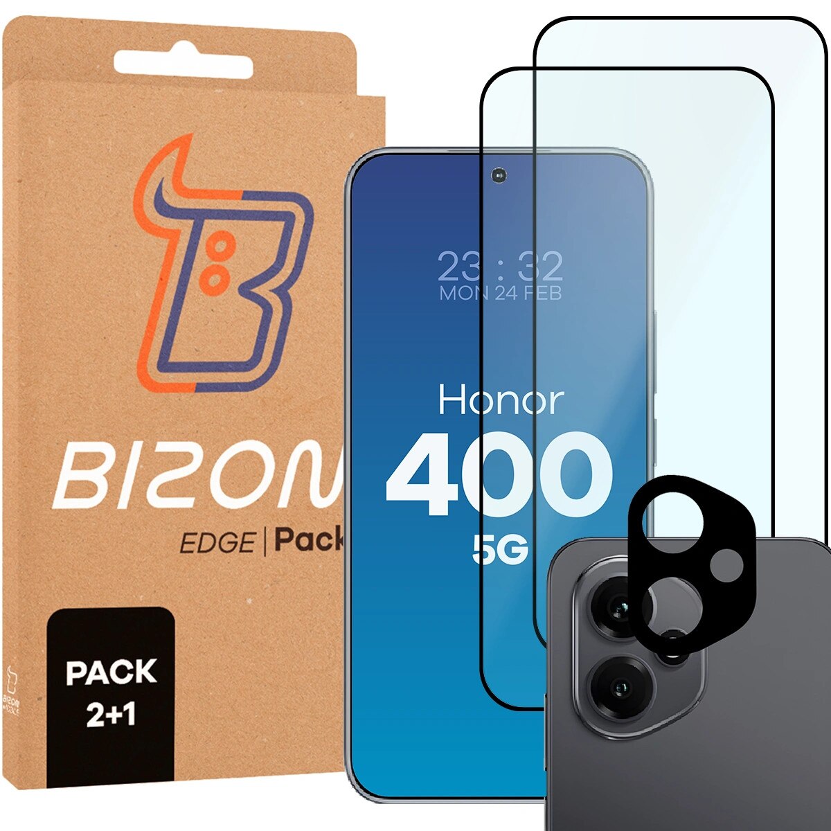 Set 2x Sticla + sticla pentru camera, Bizon Glass Edge Pack pentru Honor 400 5G