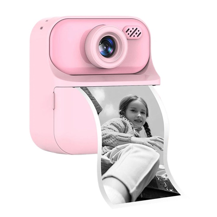 Детски фотоапарат за моментален печат VALA V900, Двойна камера, Разделителна способност на снимки 48Mpx, Видео резолюция 1080P, 2.4-инчов HD LCD дисплей, Огледало за селфи, Батерия 1300mAh, Розов