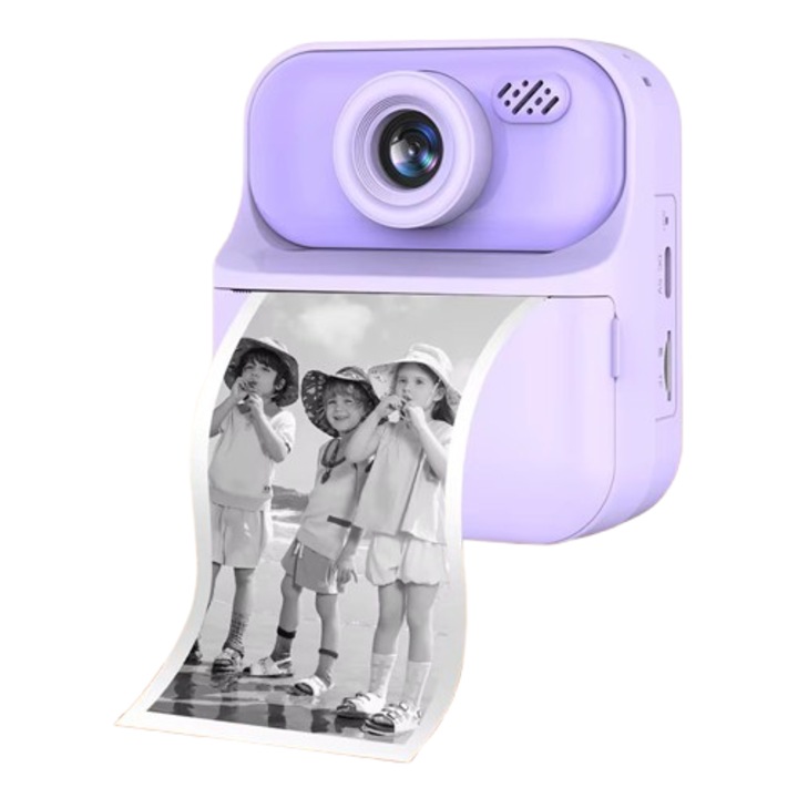 Детски фотоапарат с моментален печат за деца, VALA V900, Двойна камера със селфи, Резолюция на снимки 48Mpx, Видео резолюция 1080P, 2.4 инчов HD LCD дисплей със защитна функция, Огледало за селфи, Игри, Музика, Забавни филтри, Батерия 1300mAh, Виолетов