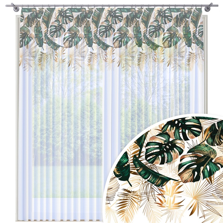 Perdea, Homeview, 300x250 cm, Pentru camera de zi si dormitor, Cu banda de incretire, Decorativ, Montaj usor, Poliester, Alb cu imprimeu, model 050