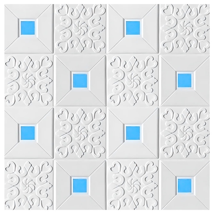 Set 10 placi de tavan SDEPOT®, de 3 mm grosime, dimensiuni 70x70 cm, model elegant, cu patrate, albastru