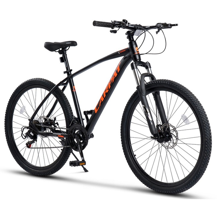 Bicicleta MTB cu Roti de 27,5", Echipare Shimano, Manete Secventiale Shimano, 21 Viteze, negru/portocaliu, Furca cu Blocaj, Mountain Bike Carpat Invictus Genius cu Frane Disc, cabluri integrate si cadru aluminiu 2025 Model